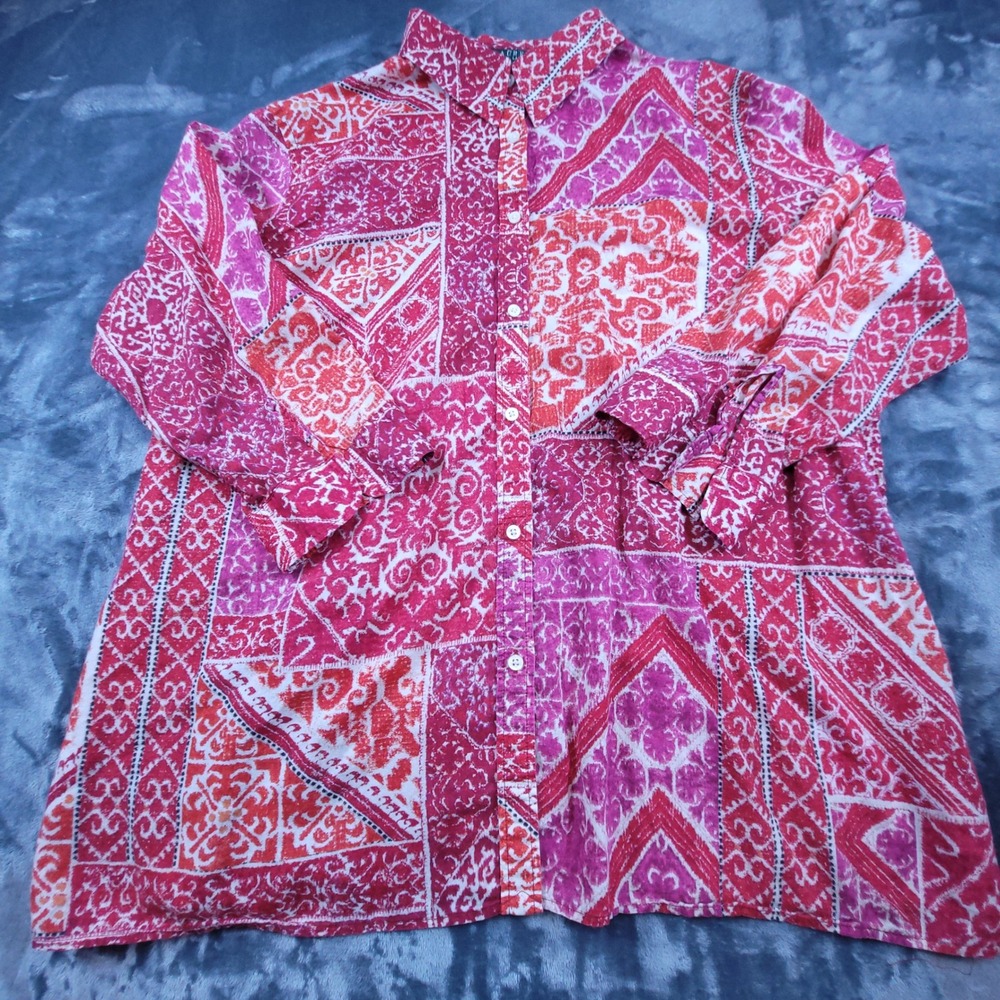 Lauren Ralph Lauren Pink Orange Patchwork Paisley Cotton Button Down Shirt 2X